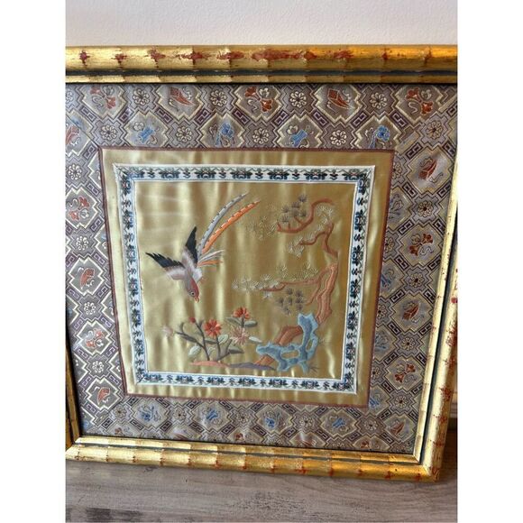 Vintage Chinese Silk Embroidered in Bamboo Gold Frame Oriental - Picture 1 of 5